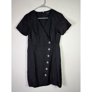 Ann Taylor Petite Black Linen Blend Wrap Button Front Short Sleeve Dress 4P